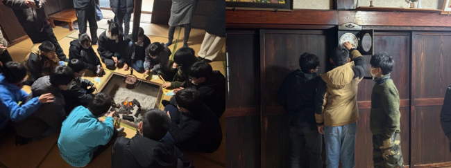 囲炉裏と児童の様子(写真)