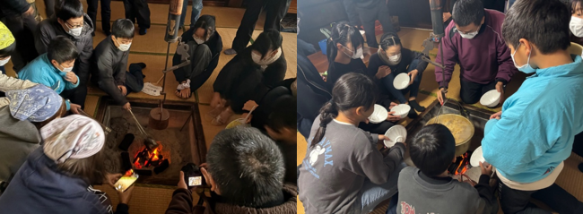 囲炉裏の火起こしと食事風景(写真)