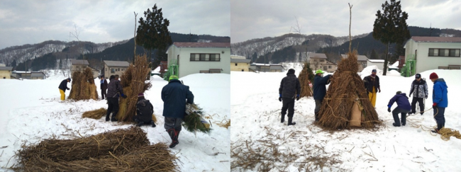 やぐらの準備と現地の様子(写真)