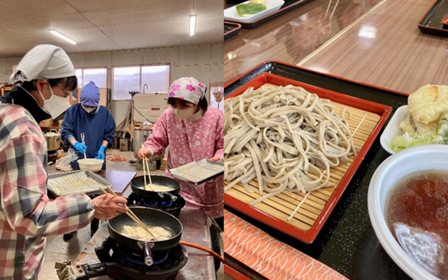 天ぷら作りの様子と天ぷらそば(写真)