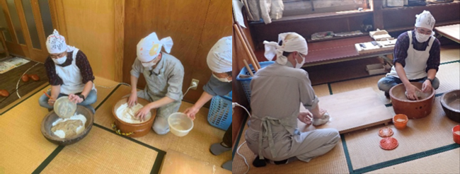 集落の方々と蕎麦打ちの様子(写真)