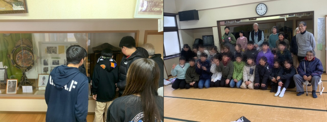 楽器を見学する児童の様子と集合写真（写真）