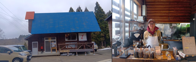 カフェの外観とオーナー（組み写真）