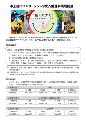 上越市インターンシップ受入促進事業助成金チラシ(画像)
