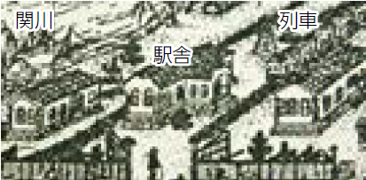 関川と駅舎、列車の図