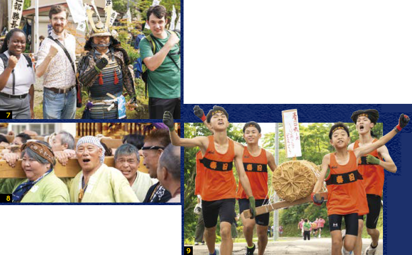 写真番号7 笑顔の外国人来場者と甲冑を着た参加者、写真8番号 謙信公みこし渡御、写真番号9 手を振り上げ、走る献納米合戦参加者